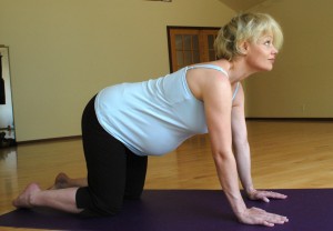 Inhale, gently release the lower back (keep belly firm) look up and stretch the upper back and shoulders.